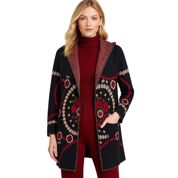 Maxsport XL Embroidered Hooded Cardigan Boho Floral Knit Red Black Wool Blend - Picture 1 of 8